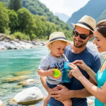 Famille avec bebe en vacances dans la Val Verzasca, Suisse. Parent appliquant creme solaire, enfant jouant avec gourde et jouet de plage. Essentiels bebe pour l'ete.