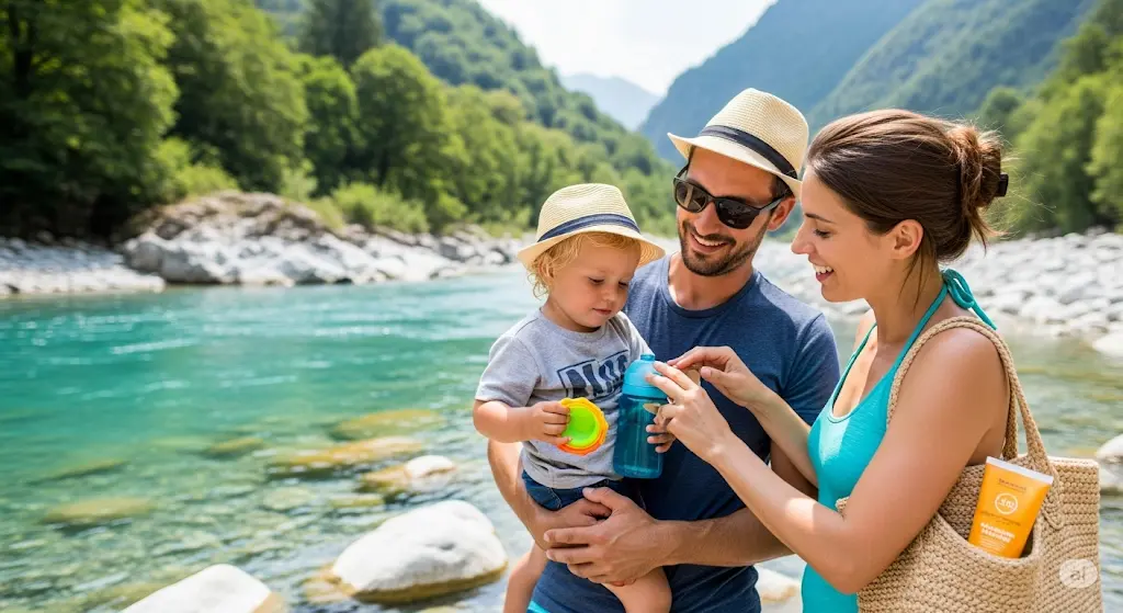 Famille avec bebe en vacances dans la Val Verzasca, Suisse. Parent appliquant creme solaire, enfant jouant avec gourde et jouet de plage. Essentiels bebe pour l'ete.