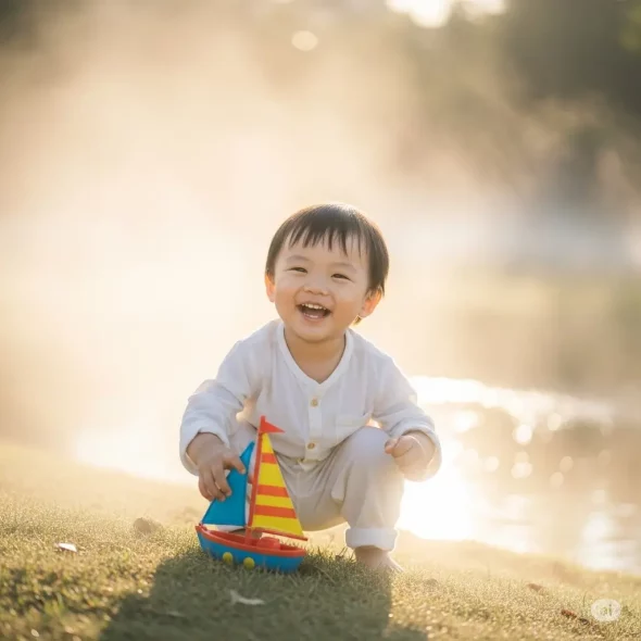 Enfant riant aux éclats près d'un plan d'eau, avec un effet de brume et de lumière douce, évoquant la fraîcheur de l'été.