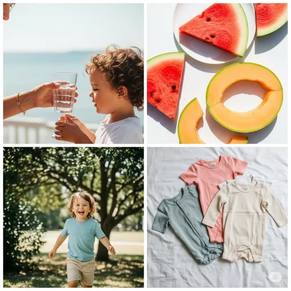 Collage de photos montrant une main d'adulte offrant de l'eau à un enfant, des fruits frais (pastèque, melon), un enfant jouant à l'ombre et des vêtements légers pour l'été.
