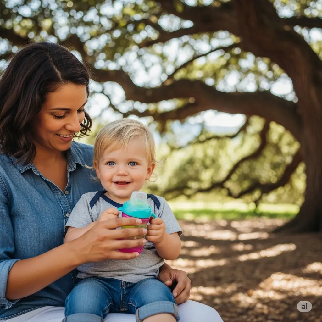 Parent offrant de l'eau à son enfant dans un gobelet d'apprentissage, scène estivale d'hydratation.
