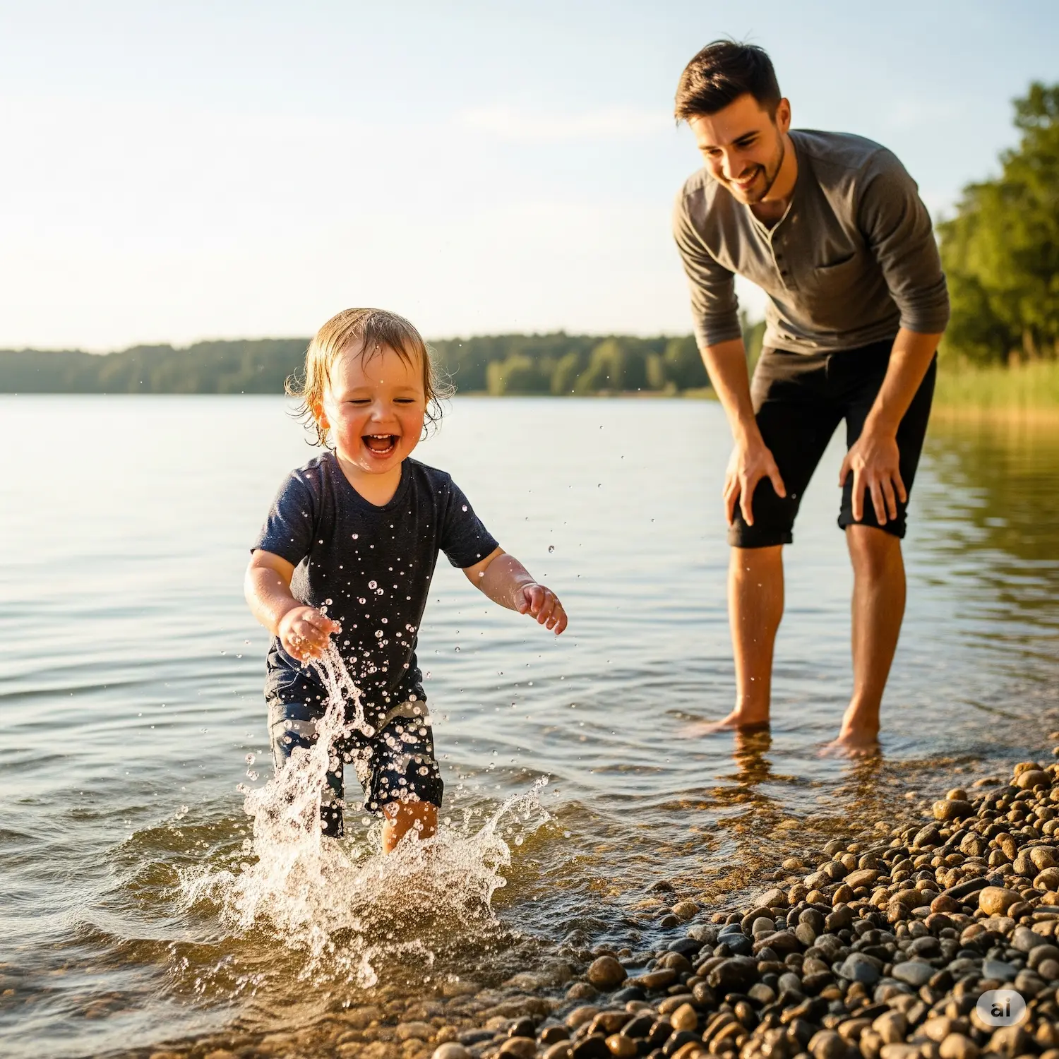 Un jeune enfant rit aux éclats en éclaboussant dans l'eau peu profonde d'un lac, avec son père souriant et vigilant qui le regarde à l'arrière-plan.