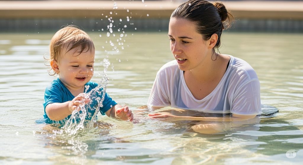 Mains d'un adulte soutenant un bébé dans l'eau, regard mutuel attentif.
