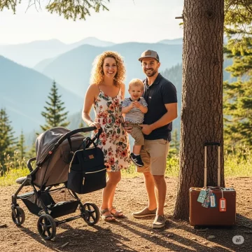 Famille heureuse voyageant avec bébé et tout-petit en plein air, préparatifs de voyage sereins avec poussette compacte, sac à langer élégant et valise, vue sur montagnes.