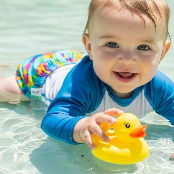 Bébé souriant en couche de bain colorée et maillot anti-UV, jouant avec un canard en caoutchouc dans l'eau.