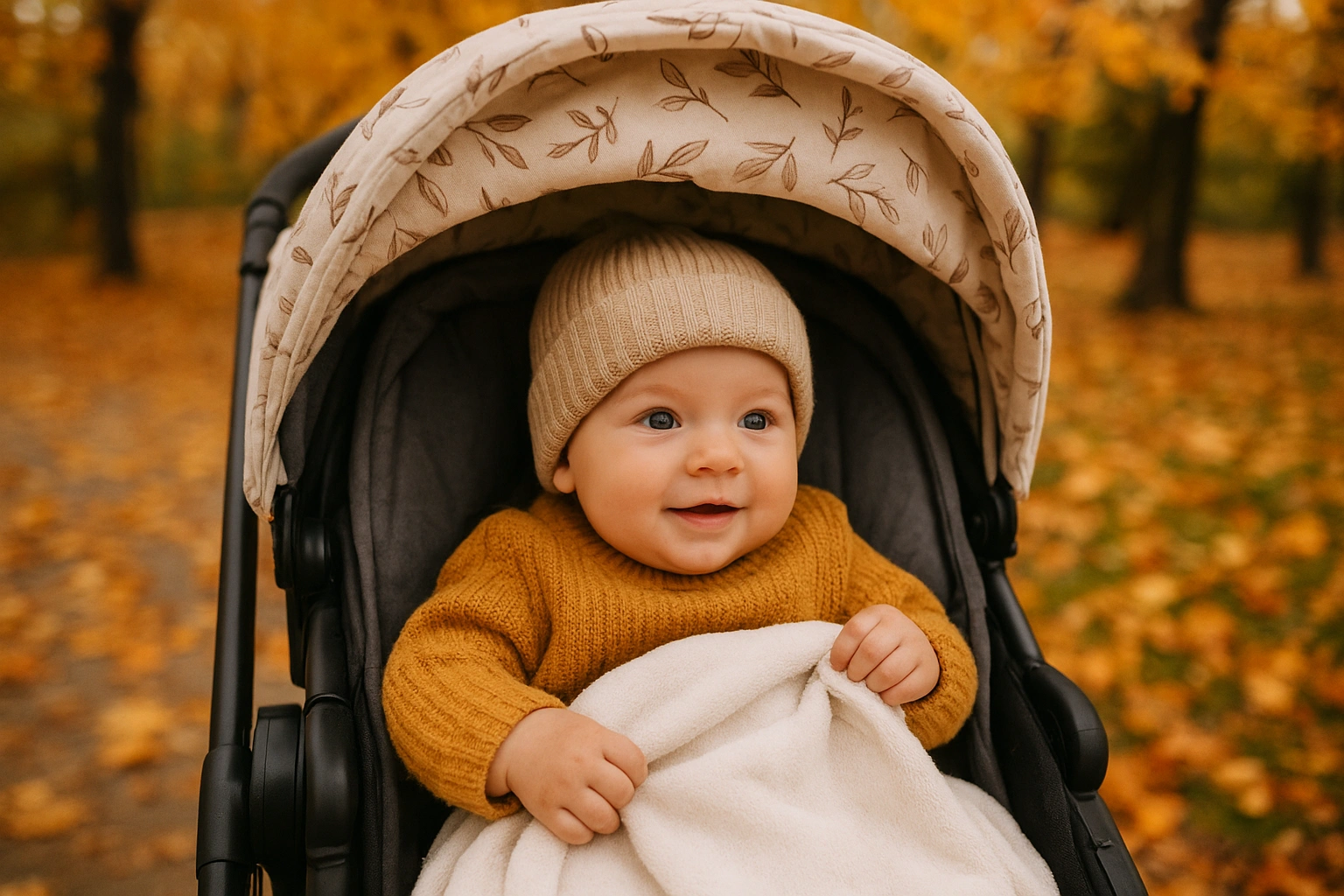 Bébé souriant en poussette lors d'une balade automnale, protégé avec une couverture chaude.