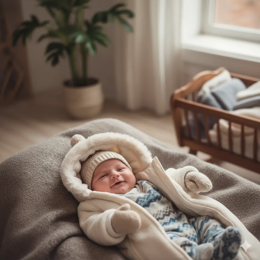 Bébé emmailloté dans trois couches de vêtements d'hiver, protégé du froid lors d'une sortie.