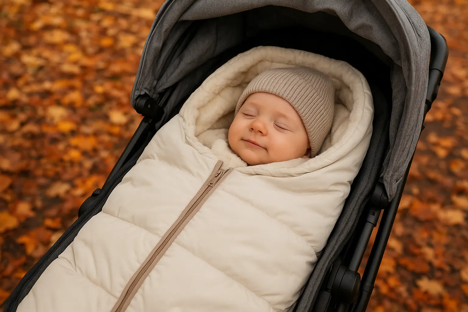Bébé emmitouflé dans une poussette avec une couverture chaude lors d'une balade en automne.