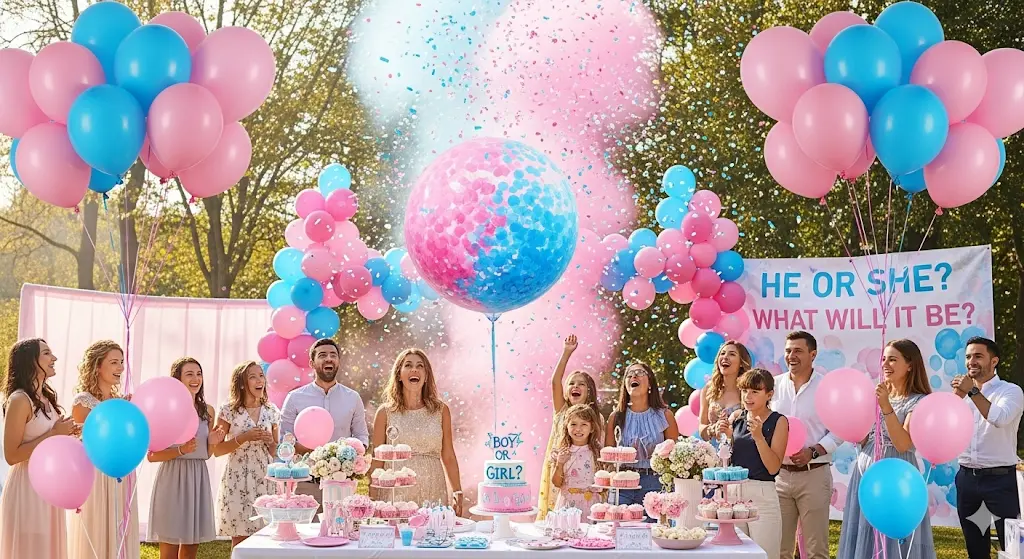 Une famille joyeuse fête la révélation du sexe de leur bébé avec des ballons et des confettis roses et bleus.