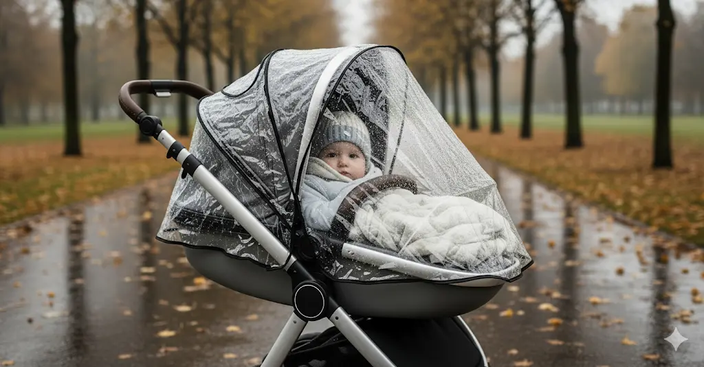 Une poussette avec une housse de pluie transparente, protégeant un bébé lors d'une promenade en forêt d'automne.