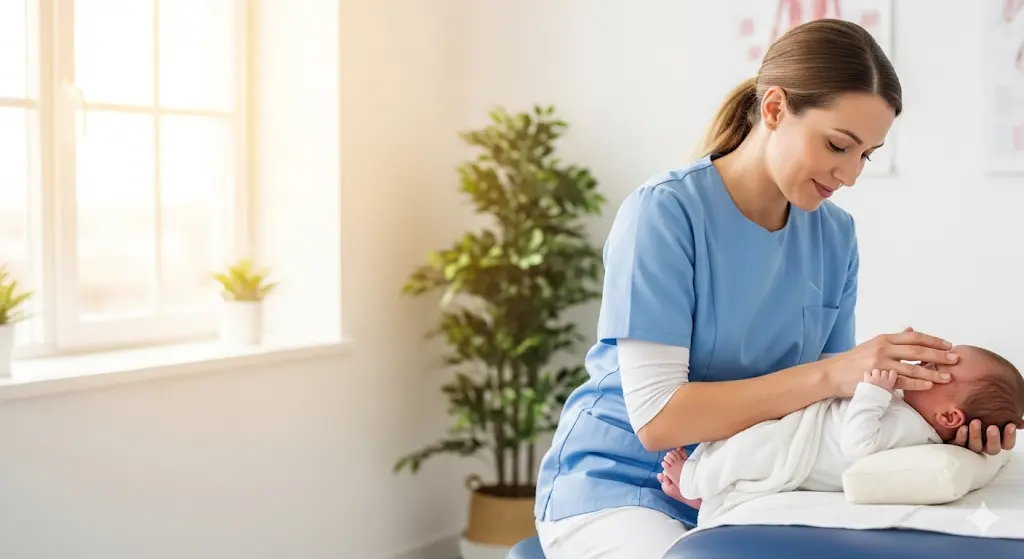 Un ostéopathe examine doucement un bébé pour des tensions liées à la naissance.