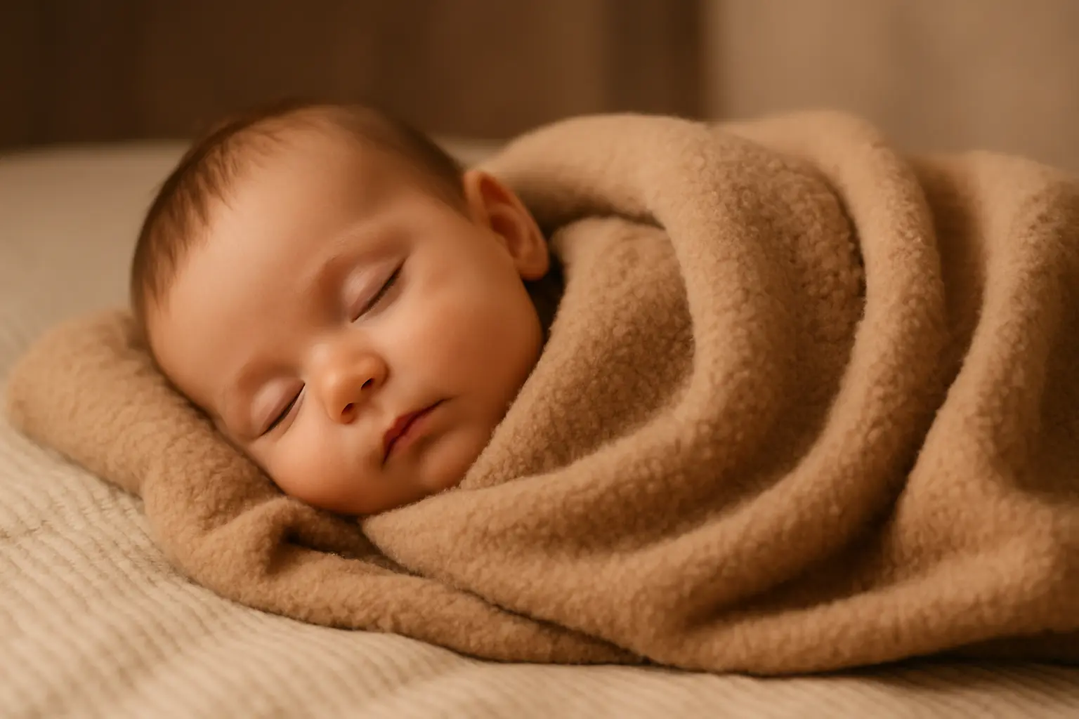 Bébé endormi emmitouflé dans une couverture douce, symbole de cocooning automnal.
