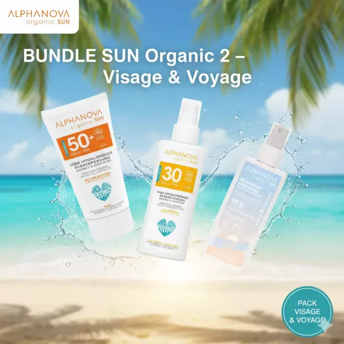Pack Alphanova Sun Visage & Voyage : Crème Solaire Visage SPF50+, Spray Solaire Voyage SPF30 et Gel Apaisant Aloe Vera. Kit solaire bio compact.