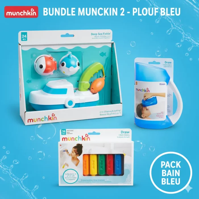 Pack jouets de bain Munchkin Plouf Bleu : Jeu de pêche magnétique, crayons de bain lavables et gobelet de rinçage. Coffret complet activité et soin.