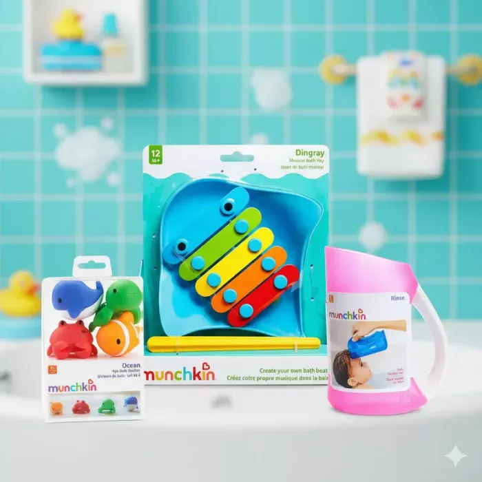 Pack jouets de bain Munchkin Musique & Océan : Xylophone Dingray, 4 gicleurs animaux marins et gobelet de rinçage rose.