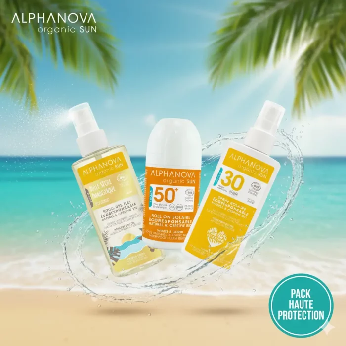 Pack Alphanova Sun Organic : Spray Solaire SPF30, Roll-On SPF50+ et Huile Sèche Paradisiaque au Monoï. Protection solaire bio complète.